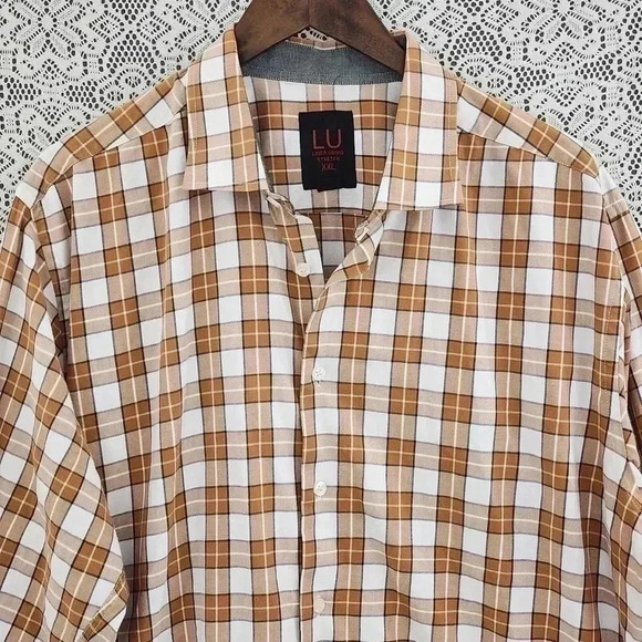 Linea Uomo Plaid Long sleeve Plaid Button Down Stretch Men's Shirt XXL Brown - Picture 3 of 7